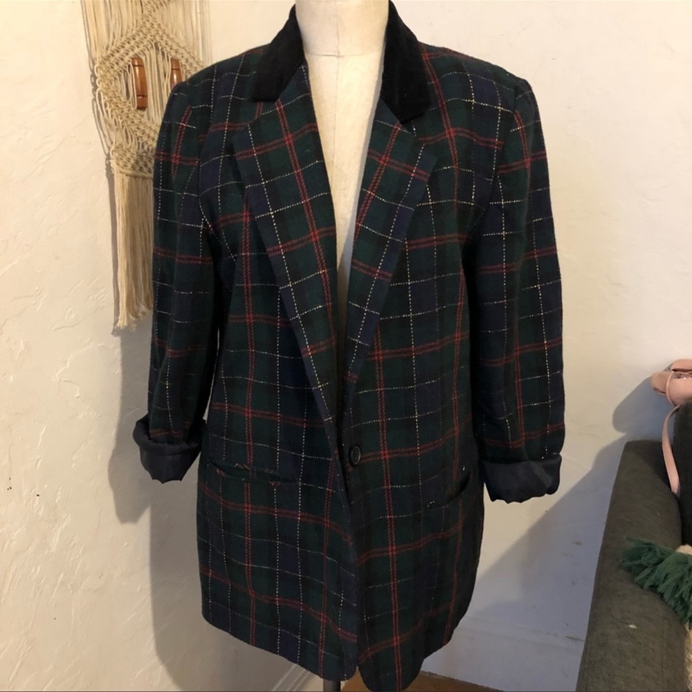 Vintage Oversized Green Checked Blazer w Metallic